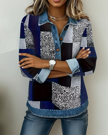 Casual Sweatshirt with Denim Patchwork Design