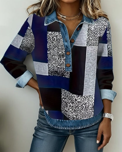 Casual Sweatshirt with Denim Patchwork Design