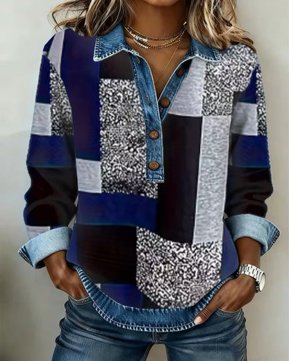 Casual Sweatshirt with Denim Patchwork Design