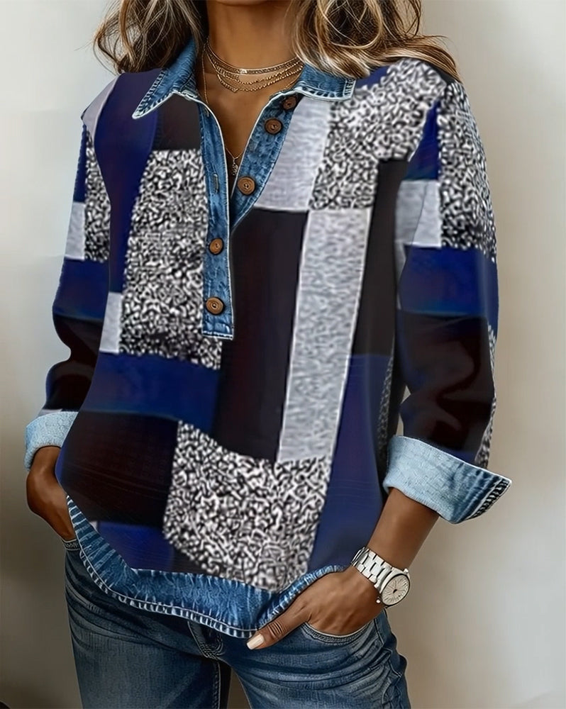 Casual Sweatshirt with Denim Patchwork Design